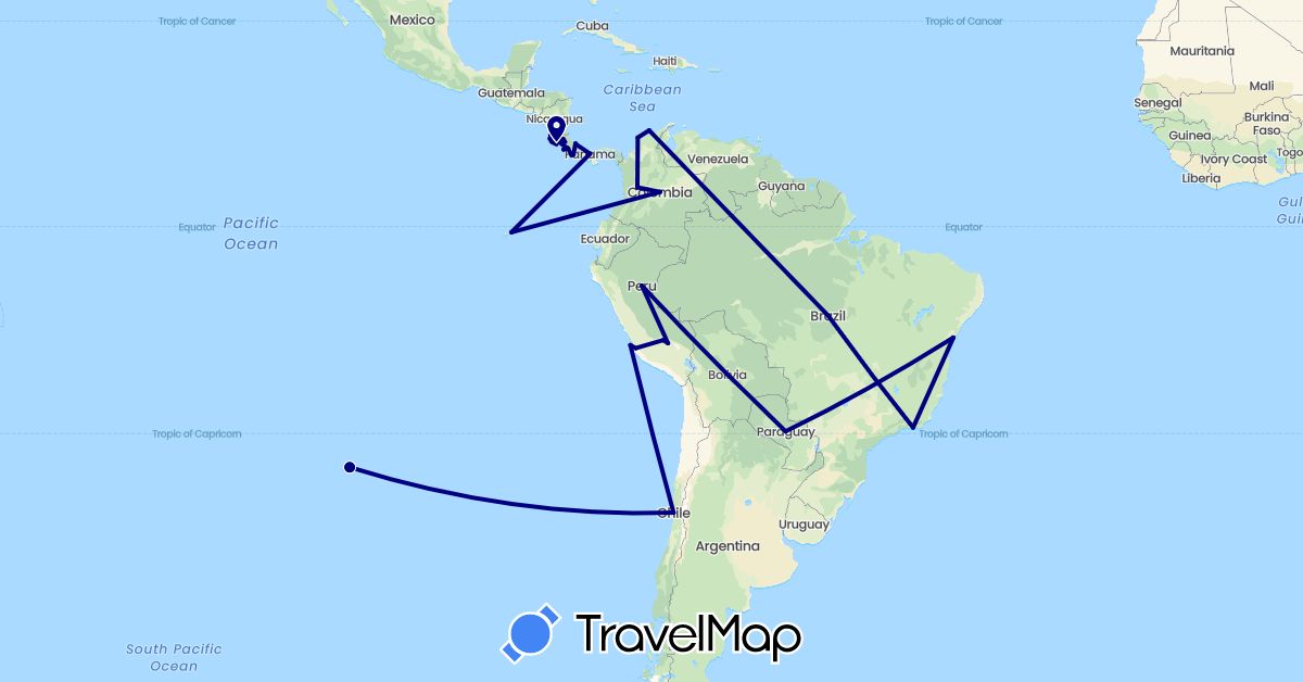 TravelMap itinerary: driving in Bolivia, Brazil, Chile, Colombia, Costa Rica, Ecuador, Panama, Peru, Paraguay (North America, South America)